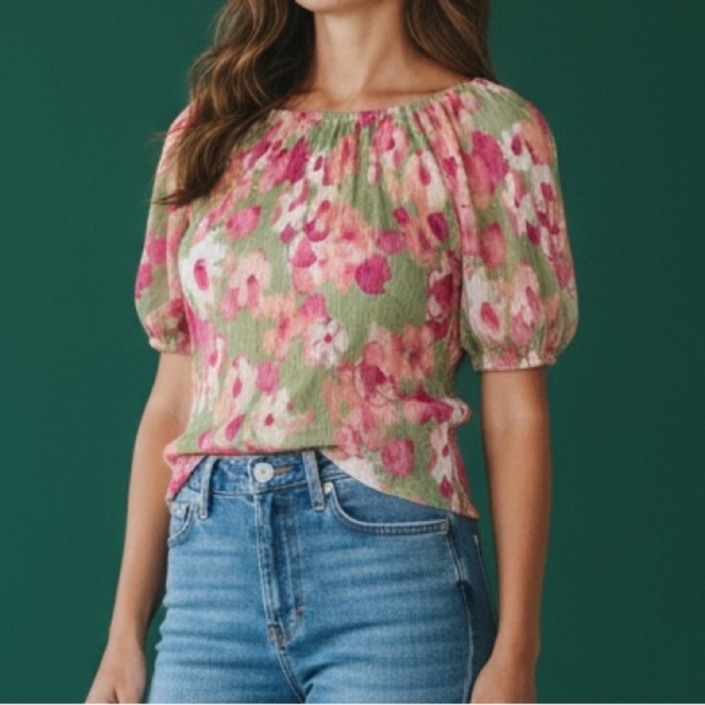 🌼5 For $25🌼 Artistic Works By Lu Floral Puff Sleeve Blouse Pink and Green SZ L